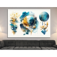 Mavi Gold Daireler Soyut Kanvas Tablo, Dekoratif Oturma Odas� Duvar Dekoru