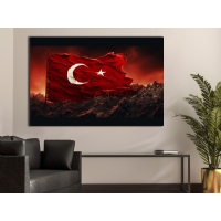 Dramatik K�rm�z� T�rk Bayra�� ve Do�a Manzaral� Kanvas Tablo