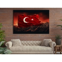 Dramatik K�rm�z� T�rk Bayra�� ve Do�a Manzaral� Kanvas Tablo