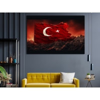 Dramatik K�rm�z� T�rk Bayra�� ve Do�a Manzaral� Kanvas Tablo