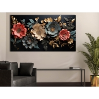 Sim ��lemeli Siyah Fonda �e�itli Renklerde 3D �i�ekler Kanvas Tablo