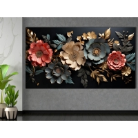 Sim ��lemeli Siyah Fonda �e�itli Renklerde 3D �i�ekler Kanvas Tablo