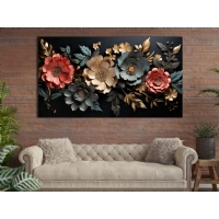 Sim ��lemeli Siyah Fonda �e�itli Renklerde 3D �i�ekler Kanvas Tablo