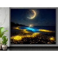 Gece Ay Kumsal Deniz Manzara Kanvas Tablo