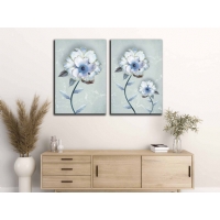 Sim ��lemeli Mavi Beyaz �i�ekler Set Kanvas Tablo, Modern Dekoratif Duvar Dekoru