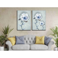 Sim ��lemeli Mavi Beyaz �i�ekler Set Kanvas Tablo, Modern Dekoratif Duvar Dekoru