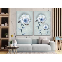 Sim ��lemeli Mavi Beyaz �i�ekler Set Kanvas Tablo, Modern Dekoratif Duvar Dekoru