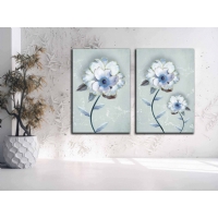 Sim ��lemeli Mavi Beyaz �i�ekler Set Kanvas Tablo, Modern Dekoratif Duvar Dekoru