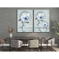 Sim ��lemeli Mavi Beyaz �i�ekler Set Kanvas Tablo, Modern Dekoratif Duvar Dekoru