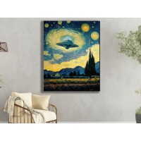 Uzay Gemisi Soyut Y�ld�zl� Gece Temal� Kanvas Tablo, Modern Duvar Dekoru